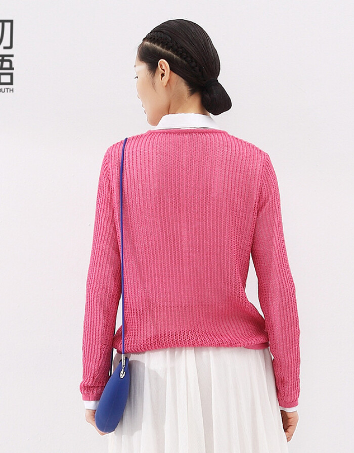 初語夏季新品 鏤空合體長(zhǎng)袖毛針織衫女8530323019 玫紅 L
